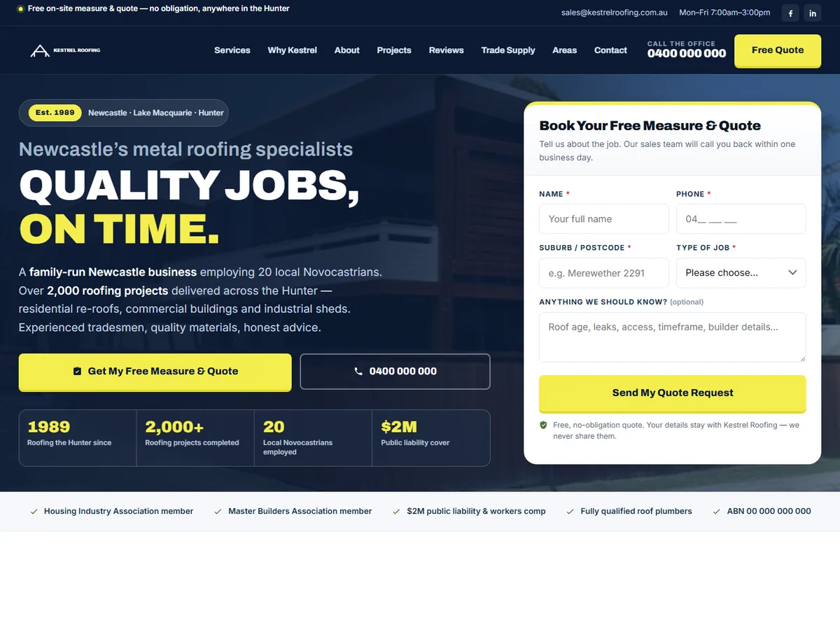 Home page design for Kestrel Roofing, a commercial & industrial metal roofing website