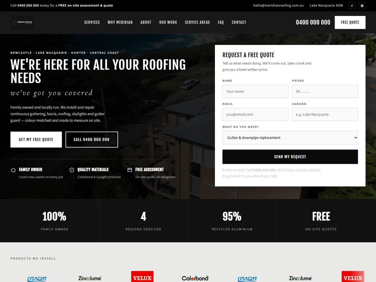 Home page design for Meridian Roofing, a guttering, fascia & roofing website