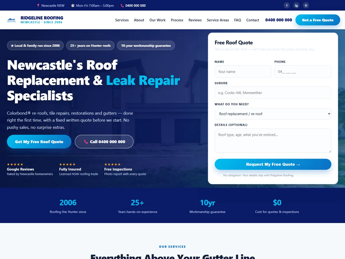 Home page design for Ridgeline Roofing, a roof replacement & repairs website