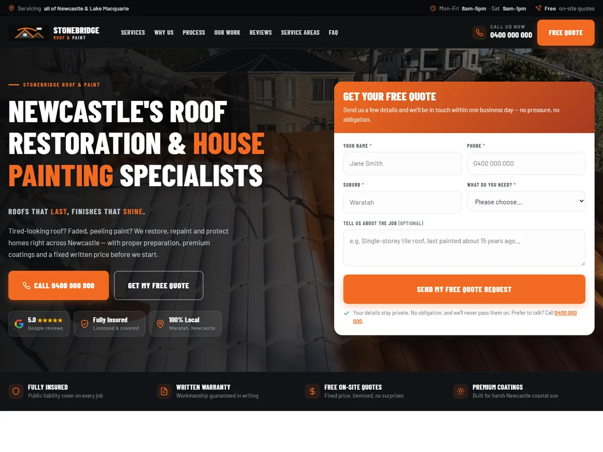 Home page design for Stonebridge Roof & Paint, a roof restoration & house painting website